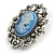 Vintage Inspired Hematite Diamante Blue Cameo Brooch in Aged Silver Tone - 55mm Long - view 3