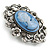 Vintage Inspired Hematite Diamante Blue Cameo Brooch in Aged Silver Tone - 55mm Long - view 4