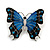 Large Black/ Blue Enamel, Crystal Butterfly Brooch In Rhodium Plating - 50mm Across