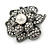 Clear Crystal Faux Pearl Flower Brooch in Gun Metal Finish - 40mm D - view 3