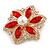 Red/ Clear Glass Crystal Flower Brooch In Gold Tone - 55mm Across - view 2