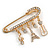 Medium Gold Tone Crystal Safety Pin Brooch with Musical Note, Eiffel Tower Charms/50mm - view 2