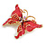 Pink Enamel Red Crystal Butterfly Brooch In Gold Plating - 50mm W - view 2