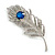 CZ/ Clear/Blue Austrian Crystal Peacock Feather Brooch In Silver Tone Metal - 7cm Long