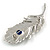 CZ/ Clear/Blue Austrian Crystal Peacock Feather Brooch In Silver Tone Metal - 7cm Long - view 5