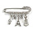 Medium Silver Tone Crystal Safety Pin Brooch with Musical Note, Eiffel Tower Charms/50mm