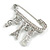 Medium Silver Tone Crystal Safety Pin Brooch with Musical Note, Eiffel Tower Charms/50mm - view 4