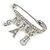 Medium Silver Tone Crystal Safety Pin Brooch with Musical Note, Eiffel Tower Charms/50mm - view 6