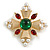 Vintage Inspired Red/ Green Glass Stone White Faux Pearl Cross Brooch In Gold Tone - 45mm Across