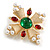 Vintage Inspired Red/ Green Glass Stone White Faux Pearl Cross Brooch In Gold Tone - 45mm Across - view 4