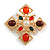 Vintage Inspired Multicoloured Glass Stone Faux Pearl Cross Brooch In Gold Tone - 55mm Across