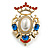 Vintage Inspired Blue Glass, Clear Crystal, White Faux Pearl Royal Style Brooch/ Pendant in Gold Tone - 55mm Tall - view 2