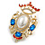 Vintage Inspired Blue Glass, Clear Crystal, White Faux Pearl Royal Style Brooch/ Pendant in Gold Tone - 55mm Tall - view 4