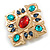 Vintage Inspired Red/ Green Glass Bead Blue Crystal Diamond Shape Brooch in Gold Tone - 55mm Tall - view 2