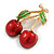 Red/ Green Enamel Double Cherry Brooch In Gold Tone - 45mm Tall - view 2