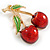 Red/ Green Enamel Double Cherry Brooch In Gold Tone - 45mm Tall - view 6