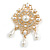 Vintage Inspired White Faux Pearl Clear Crystal Filigree Charm Brooch In Gold Tone - 70mm Drop
