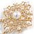 Vintage Inspired White Faux Pearl Clear Crystal Filigree Charm Brooch In Gold Tone - 70mm Drop - view 5