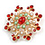 Vintage Inspired Red Crystal, White Faux Pearl, Light Green Acrylic Beads Snowflake Brooch in Gold Tone - 50mm Tall - view 2