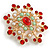 Vintage Inspired Red Crystal, White Faux Pearl, Light Green Acrylic Beads Snowflake Brooch in Gold Tone - 50mm Tall - view 3