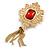 Vintage Inspired Red Glass Stone Tassel Square Royal Style Brooch in Matte Gold Tone - 70mm Drop - view 2