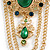 Vintage Inspired Green Glass, Crystal Bead Double Chain Charm Brooch In Gold Tone - 80mm Drop - view 4