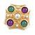 Square Beaded Textured Brooch In Light Gold Tone Metal/ Green/ Purple/ White - 40mm Across