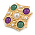 Square Beaded Textured Brooch In Light Gold Tone Metal/ Green/ Purple/ White - 40mm Across - view 2