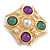 Square Beaded Textured Brooch In Light Gold Tone Metal/ Green/ Purple/ White - 40mm Across - view 4