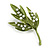 Olive Green Enamel Faux Pearl Leaf Brooch - 50mm Tall