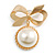 Matte Gold Tone Finish Bow with A Pearl Dangle Brooch - 55mm Long