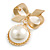 Matte Gold Tone Finish Bow with A Pearl Dangle Brooch - 55mm Long - view 2