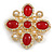 Vintage Inspired Red Glass Clear Crystal Faux Pearl Cross Brooch in Gold Tone - 55mm Across