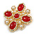Vintage Inspired Red Glass Clear Crystal Faux Pearl Cross Brooch in Gold Tone - 55mm Across - view 2