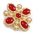 Vintage Inspired Red Glass Clear Crystal Faux Pearl Cross Brooch in Gold Tone - 55mm Across - view 4