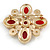 Vintage Inspired Red Glass Clear Crystal Faux Pearl Cross Brooch in Gold Tone - 55mm Across - view 5