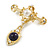 Vintage Inspired Faux Pearl, Blue Stone Bead Medal Style Brooch in Light Gold Tone - 45mm Across - view 2