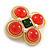 Vintage Inspired Red/ Dark Green Glass Stones and Pearl Square Brooch in Gold Tone Metal - 45mm Across - view 4