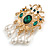 Vintage Inspired Green Crystal with White Faux Teardrop Bead Royal Style Brooch In Gold Tone - 65mm Long - view 7