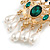 Vintage Inspired Green Crystal with White Faux Teardrop Bead Royal Style Brooch In Gold Tone - 65mm Long - view 6