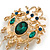 Vintage Inspired Green Crystal with White Faux Teardrop Bead Royal Style Brooch In Gold Tone - 65mm Long - view 5