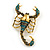 Statement Teal/ Grey Crystal Scorpion Brooch/ Pendant in Aged Gold Tone Metal - 50mm Long - view 2