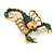Statement Teal/ Grey Crystal Scorpion Brooch/ Pendant in Aged Gold Tone Metal - 50mm Long - view 6