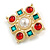 Vintage Inspired Red/ Green Crystal and White Faux Pearl Square Brooch in Gold Tone - 35mm Across - view 2