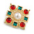 Vintage Inspired Red/ Green Crystal and White Faux Pearl Square Brooch in Gold Tone - 35mm Across - view 4