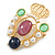 Statement Multicoloured Beaded Royal Crown Brooch in Matte Gold Tone Metal - 55mm Tall - view 2