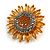 Grey/ Orange Crystal Sunflower Brooch/ Pendant in Gold Tone - 40mm Diameter - view 2