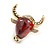 Small Red Resin with Clear CZ Bull Head Pin Brooch in Gold Tone - 20mm Across - view 4