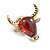 Small Red Resin with Clear CZ Bull Head Pin Brooch in Gold Tone - 20mm Across - view 2