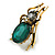 Striking Green/Grey Glass Stone Beetle/ Bug Brooch in Aged Gold Tone Metal - 55mm Tall - view 7